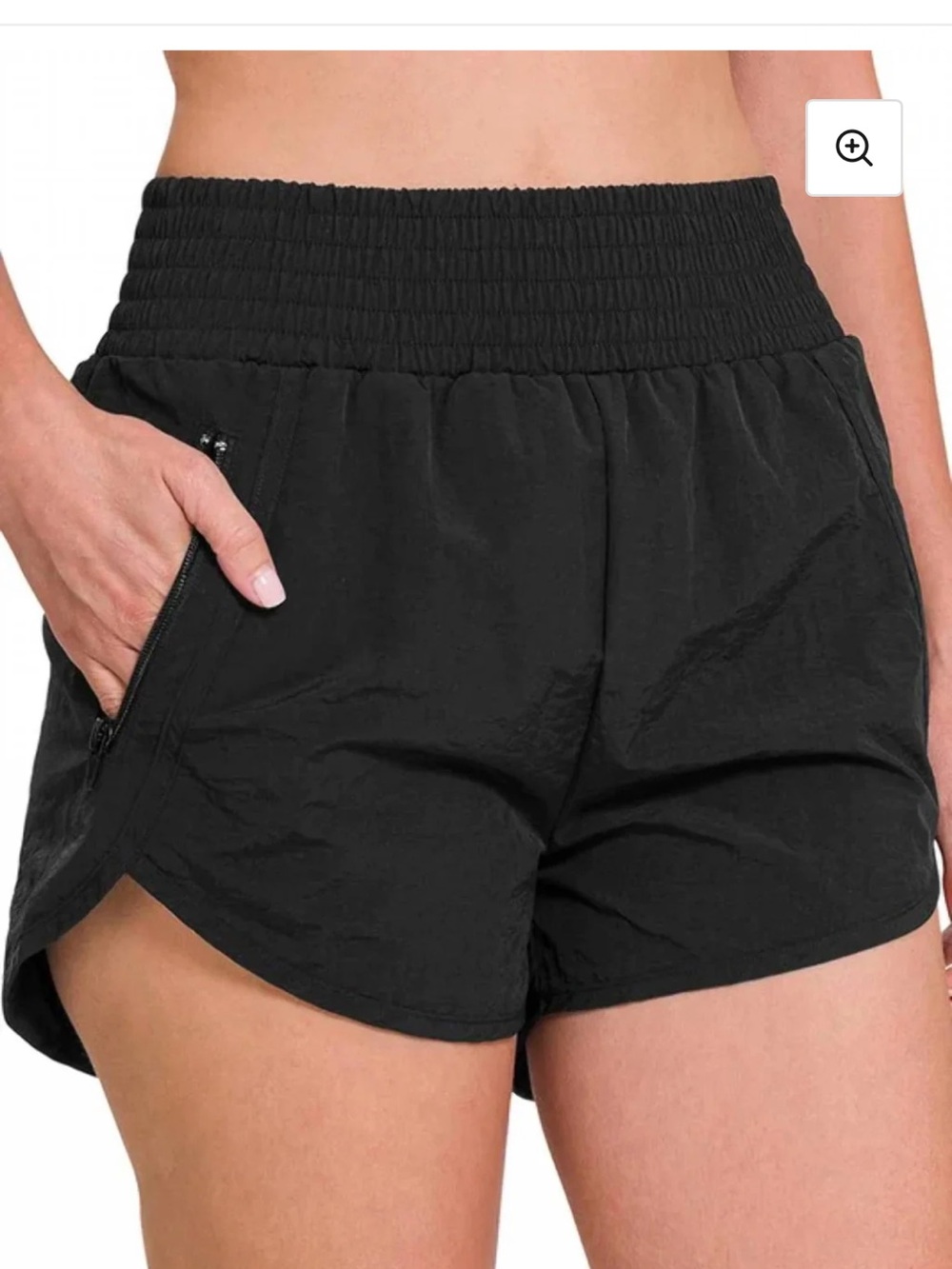 ZENANA BLACK- WINDBREAKER SMOCKED WAISTBAND RUNNING SHORTS M
